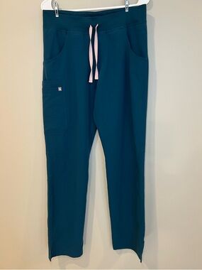 Figs Kade Cargo Scrub Pant Caribbean Blue with Pink Drawstring, Size Small Tall